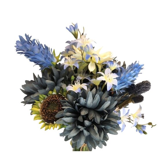 Artificial Blue Mums & White Sunflowers 16 Stem Faux Floral Bundle Arrangement B - Picture 10 of 16